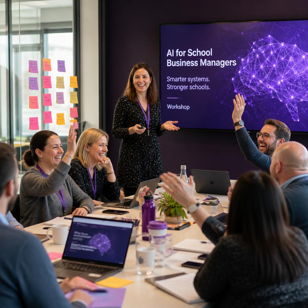 School business managers laughing and raising hands in an interactive AI training workshop School business managers laughing and raising hands in an interactive AI training workshop