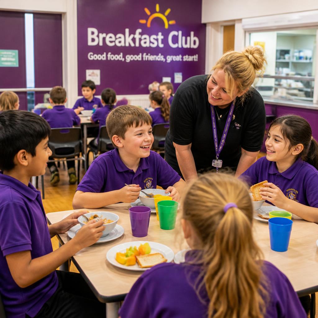 Primary school children eating breakfast with a teacher at an indoor breakfast club in the school hall