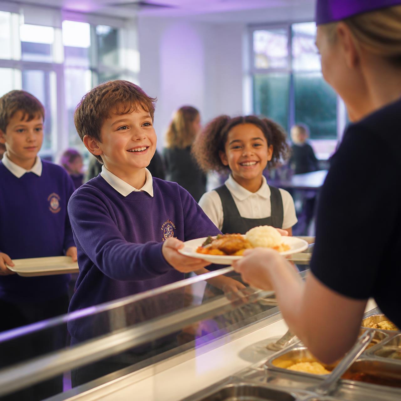 Primary school pupils being served a hot school meal at the canteen counter Primary school pupils being served a hot school meal at the canteen counter