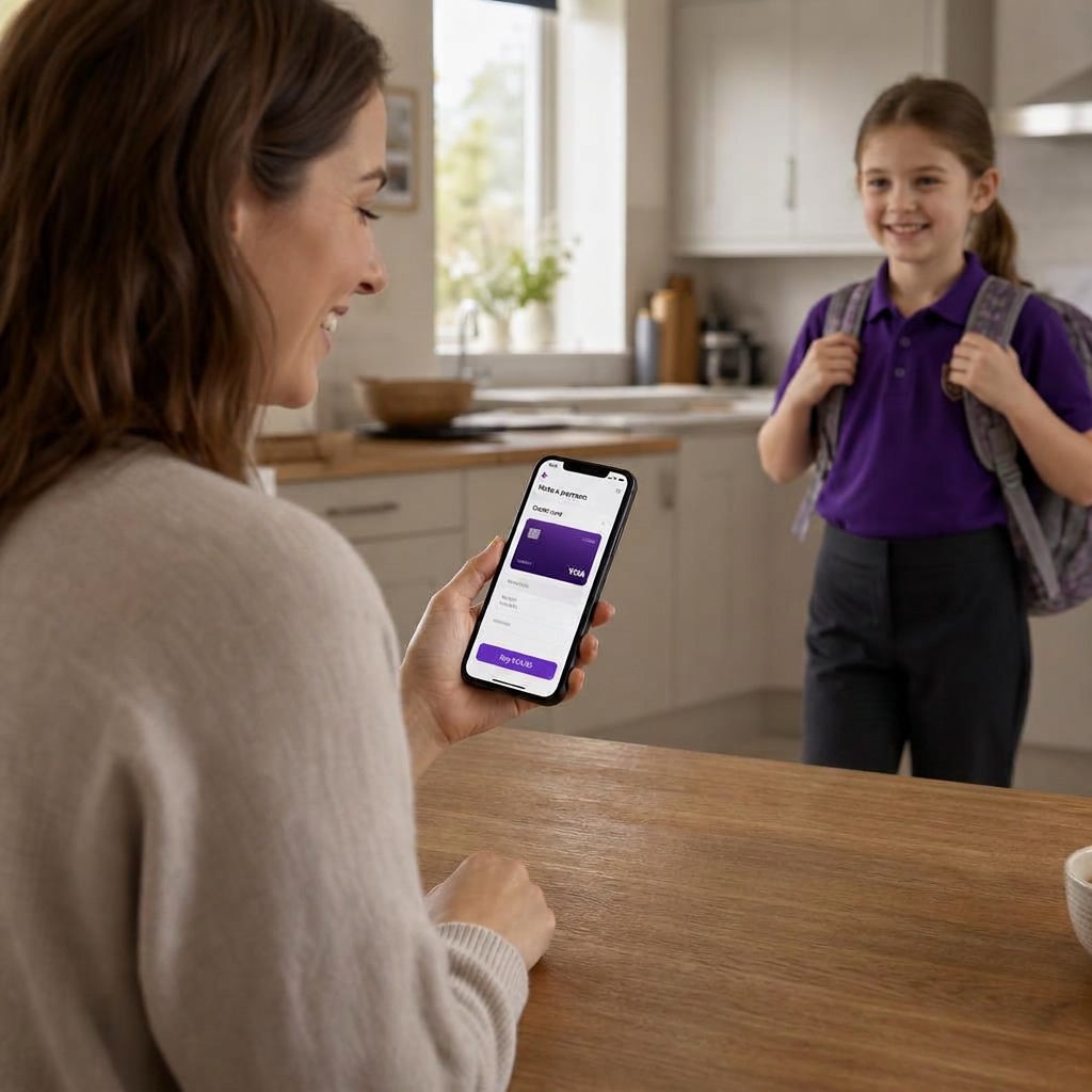 Parent making a school payment on the Scopay app at home while a child in uniform gets ready for school Parent making a school payment on the Scopay app at home while a child in uniform gets ready for school