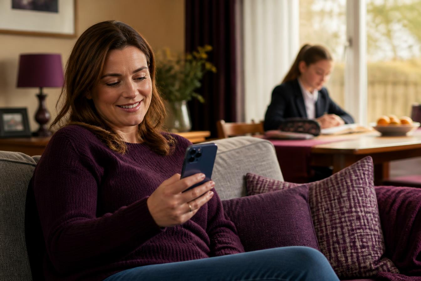 Parent smiling at home on the sofa completing a school trip consent form in the Scopay app, with a secondary school child in uniform in the background Parent smiling at home on the sofa completing a school trip consent form in the Scopay app, with a secondary school child in uniform in the background