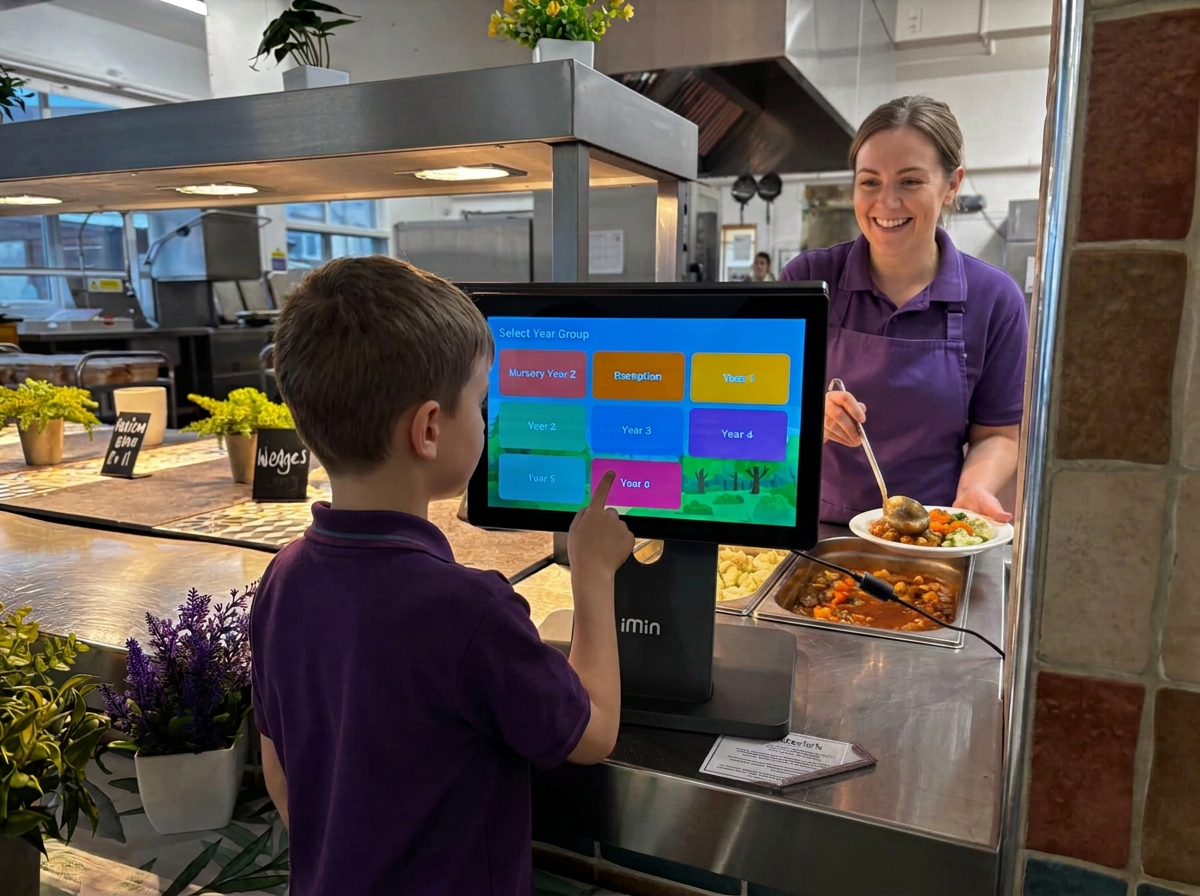 Primary school caterer serving hot meals to pupils at a dual-screen point-of-service counter Primary school caterer serving hot meals to pupils at a dual-screen point-of-service counter