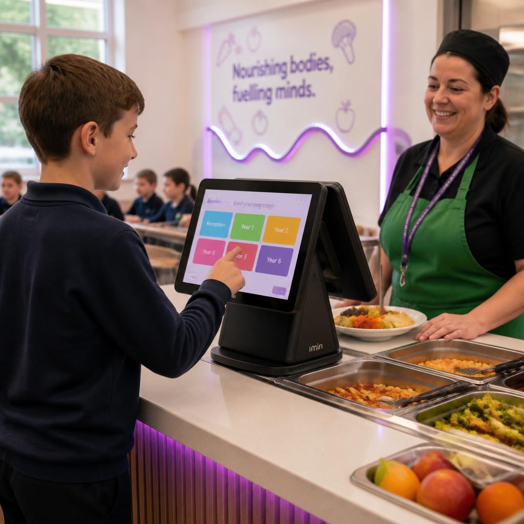 Primary school pupil ordering at a dual-screen Scopay point-of-service with the caterer on the other side of the counter Primary school pupil ordering at a dual-screen Scopay point-of-service with the caterer on the other side of the counter
