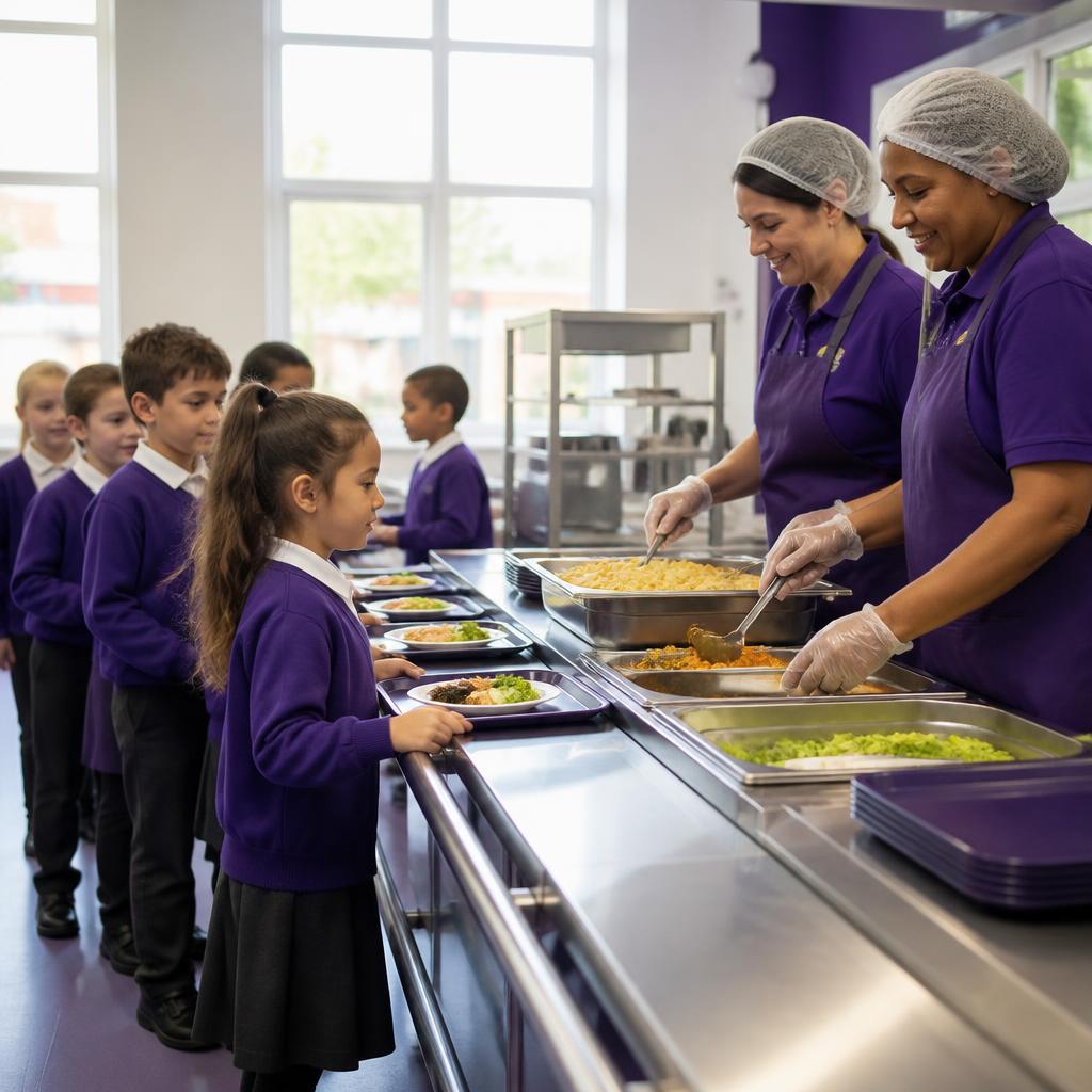 Primary school children queueing in the dining hall as kitchen staff serve hot meals at the servery Primary school children queueing in the dining hall as kitchen staff serve hot meals at the servery