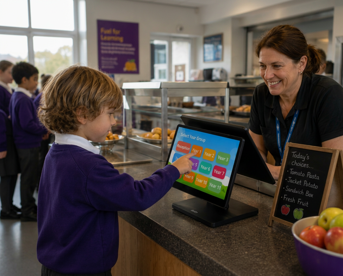 Primary school pupil using the Scopay point-of-service Primary school pupil using the Scopay point-of-service