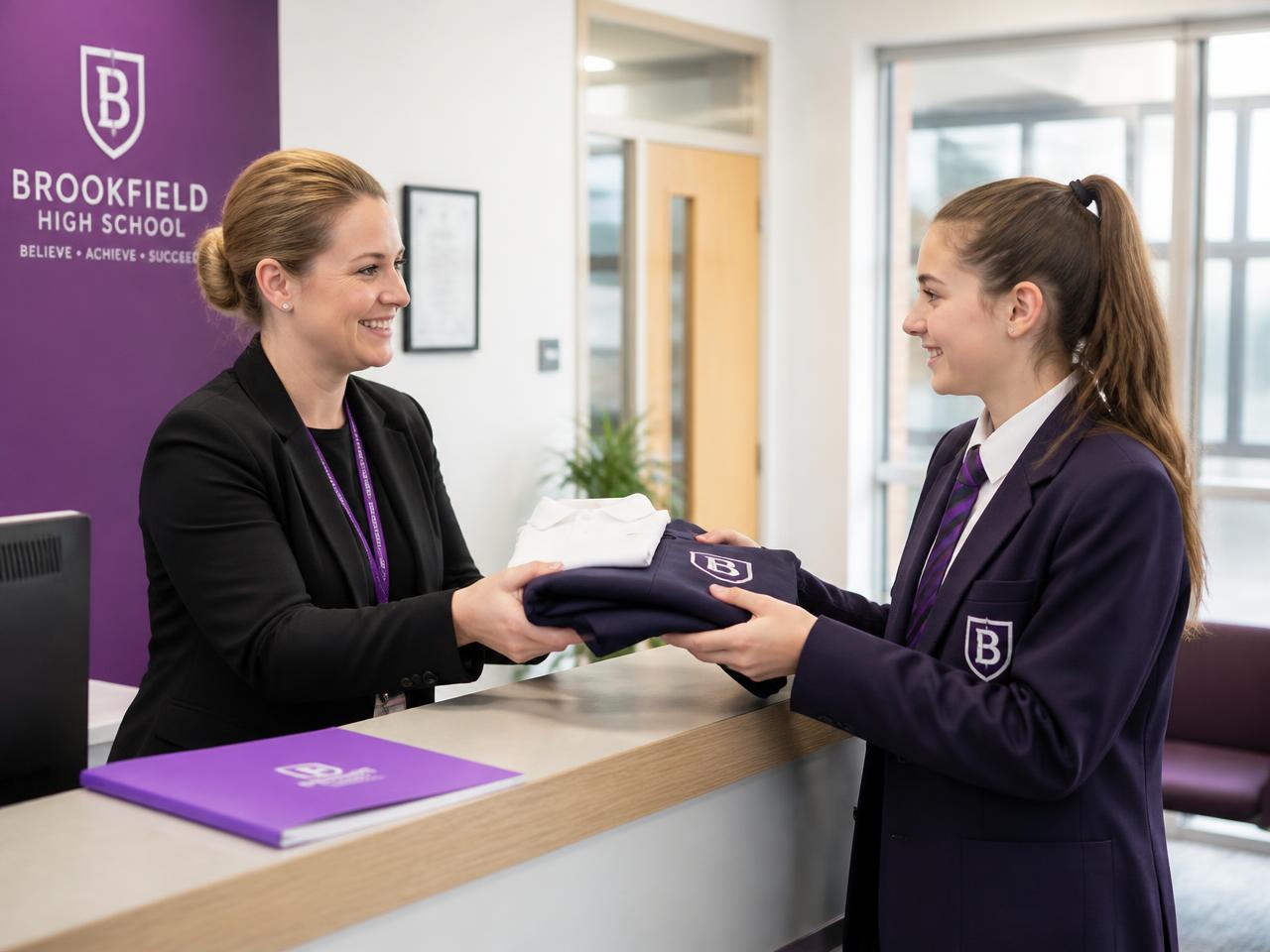 School office handing a uniform to a secondary school pupil School office handing a uniform to a secondary school pupil