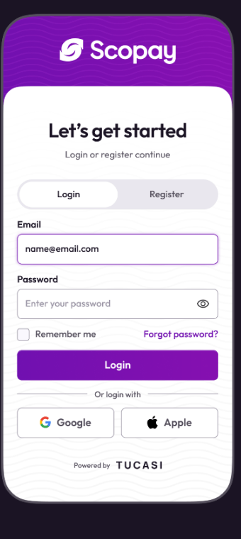 Scopay mobile app login screen Scopay mobile app login screen