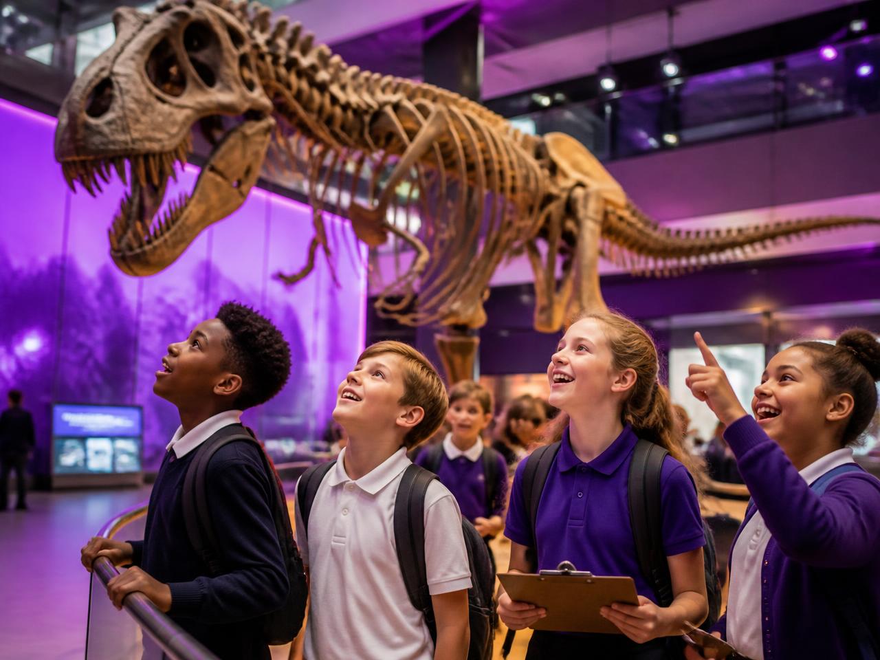 Primary school children on a museum trip looking up at a large dinosaur skeleton Primary school children on a museum trip looking up at a large dinosaur skeleton