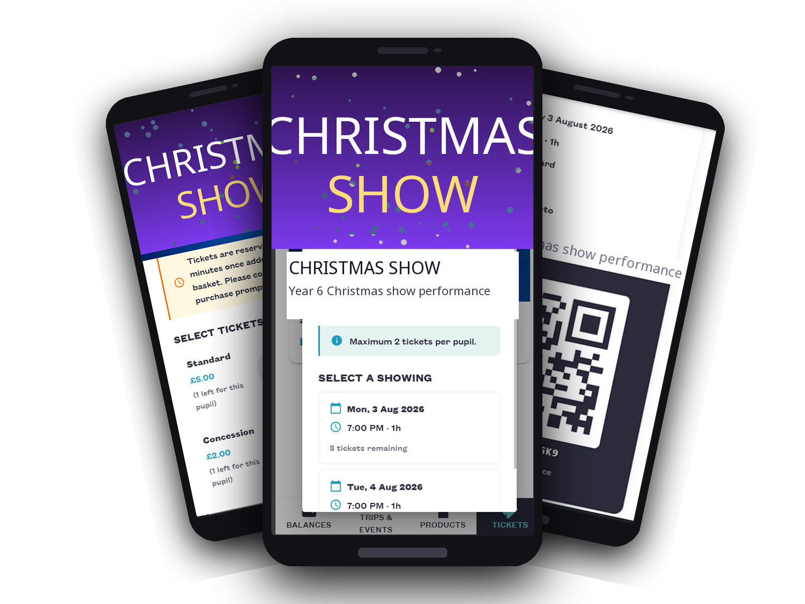 Three Scopay parent app screens showing a Christmas show event, ticket selection and a digital QR-code ticket Three Scopay parent app screens showing a Christmas show event, ticket selection and a digital QR-code ticket